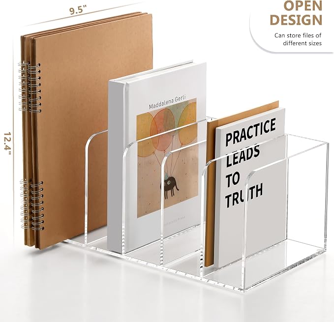 SANRUI Acrylic Magazine Holder Desk Organizer Workspace Sorters, Clear Bookend File Sorter Folder Rack For Home Office Accessories Organization Storage with 5 Vertical Compartments