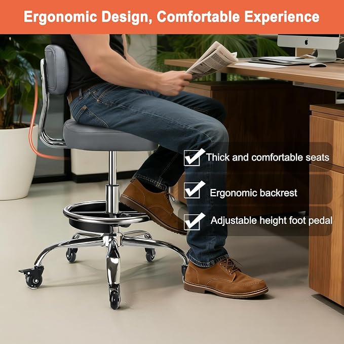 Garage Mechanic Stool with Backrest, Height Adjustable Heavy Duty Swivel Task Chair, Rolling Workshop Stool with Tool Tray Storage, Mechanic Chair for Garage, Shop, Auto Repair (Grey)
