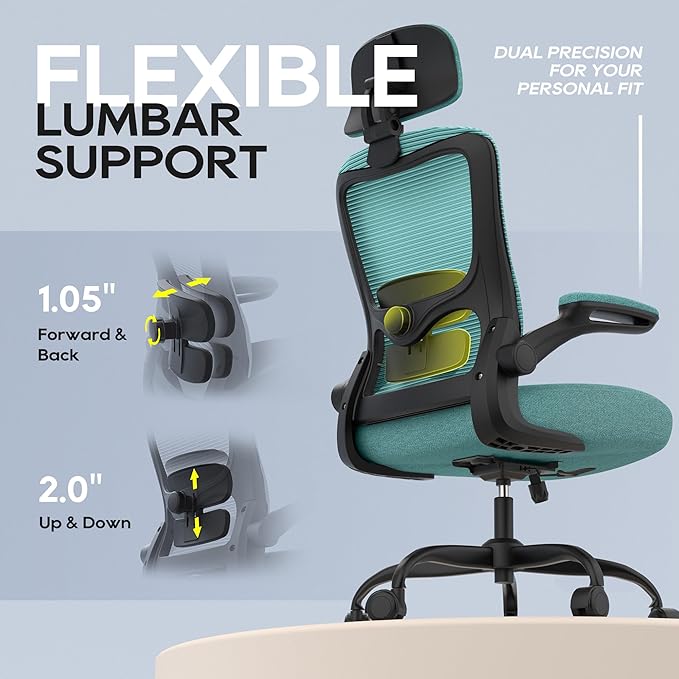 Ergonomic Office Chair, High Back Mesh Desk Chair with Adjustable Lumbar Support & Headrest, Flip-up Armrest, Computer Task Chairs for Home and Executive Office (B-Green)