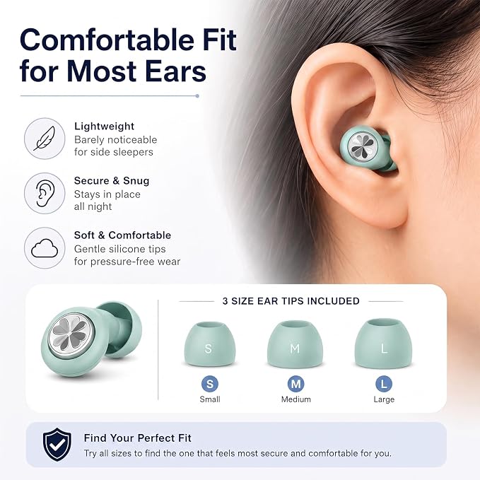 45dB Ear Plugs for Sleeping, Soft Silicone for Side Sleepers, 4 Sizes | Reusable soft silicone with XS/S/M/L sizes for side sleepers, concerts, flights and hotels; carrying case included.