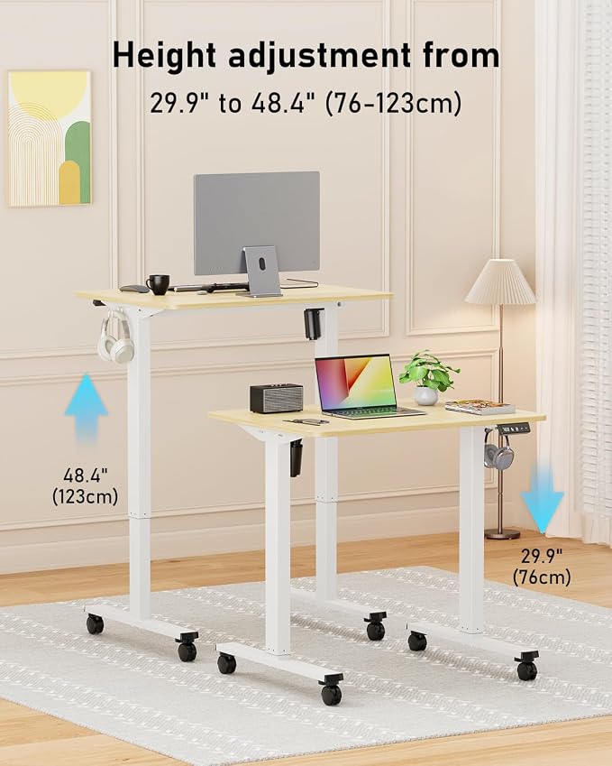 32" Small Rolling Electric Standing Desk Adjustable Height for Home Office | Mobile Sit Stand up Desk with Lockable Casters for Computer Workstation, Memory Preset, 2 Hooks, White Frame/LightWalnut Top