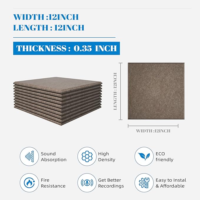 15 Pack Self-Adhesive Sound Proof Foam Panels for Walls, Acoustic Panels 12" x 12" x 0.35" High Density Sound Absorbing Tiles for Home Studio, Office, Gaming Room & Theater