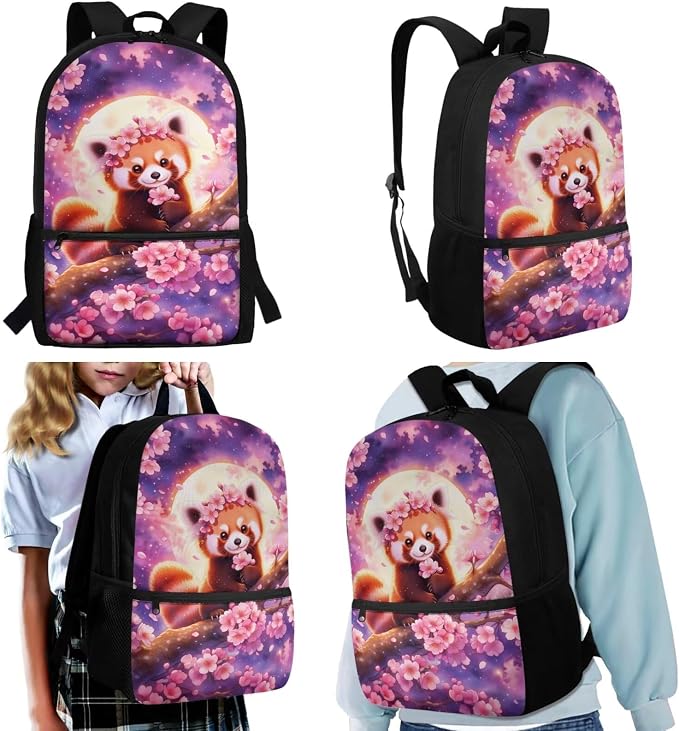 WELLFLYHOM Cherry Blossom Red Panda Backpack for School Kids Girls 4-7 4PCS | Moon Book Bag with Lunch Bag Pencil Case Waterbottle Sleeve Back to School Supplies