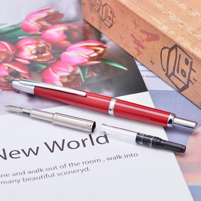 Jinhao 20 Press Fountain Pen, Palace Red Retractable Fine Nib with Ink Converter Set (Silver Clip)