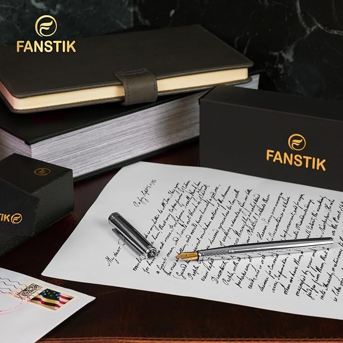 Customized Silver Luxury fountain pen, fancy gift set for women, Chrome Finish, Professional executive pen gift set for men (Lux Custom-fountain Silver)