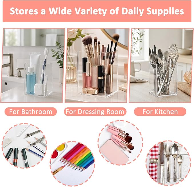 Mototo 12PCS Clear Acrylic Pen Holder Pencil Cup Office Desk Organizer Case | Toothbrush Utensil Holder Marker Makeup Brush Organizer Pencil Box Coffee Stirrers Storage Container for Classroom Counter