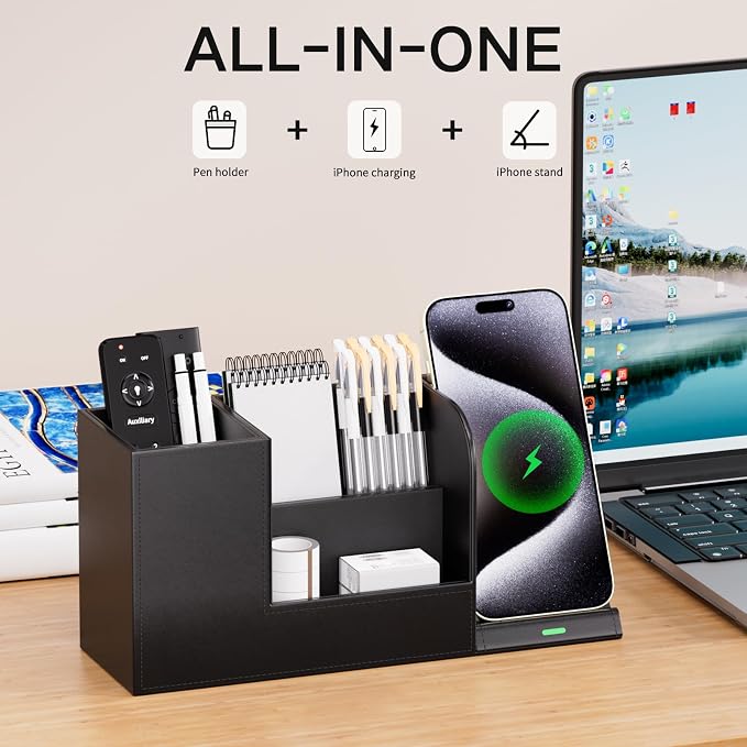 LADSTAG Pen Organizer with Phone Stand,Black Vegan Leather Desk Organizers with Remote Control Holder,Pencil Holder for Desk,Desk Organizer with Phone Charger for Office/Nightstand/Endtable