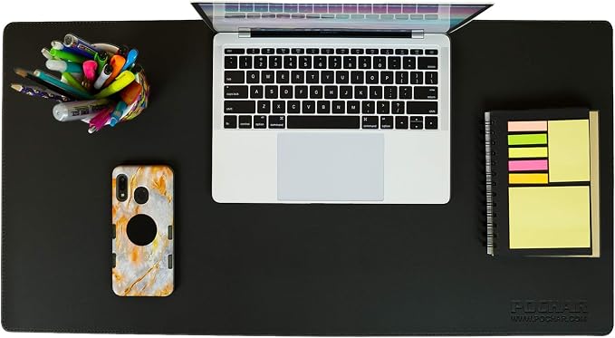 POCHAR Vegan Leather Desk Mat 31" x 16" - Desk Pad Protector for Desktop | Non-Slip PU Leather Dual-Sided Office Desk Blotter for Laptop Mouse Keyboard - Waterproof Writing Signing Pad, Black