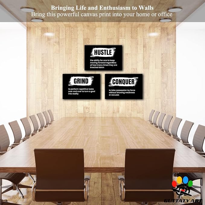 Office Wall Art - 3 Panel Motivational Wall Art, Inspirational Quotes Canvas Art for Home Office Wall Decor, Positive Quotes Wall Decor, Entrepreneur Grind Hustle Execution Poster Frame (24”x36”x3Pcs)