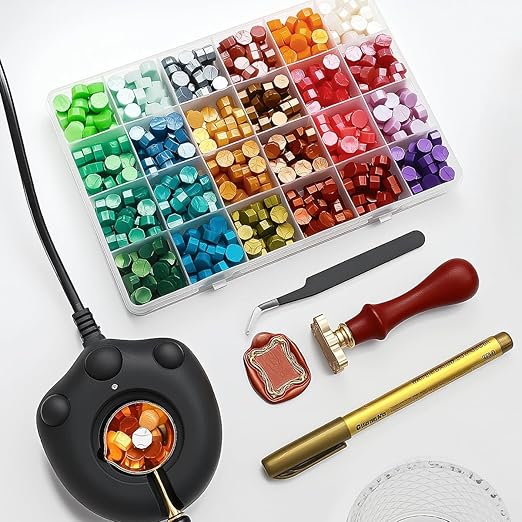 Frame Wax Stamp Kit, 624Pcs Sealing Stamp Beads Set with Electric Wax Seal Warmer, 3D Embossed Frames Relief Carve Stamps Waxing, Gold Pen,Tweezer (Set01)
