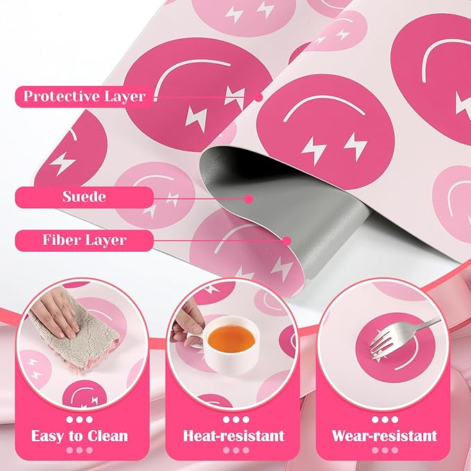 Smile Face Makeup Vanity Mat Leather Desk Pad Protector Cute Pink Mouse Mat Office Desk Dual-Sided Dressing Waterproof Writing Pad for Desktop Office and Home