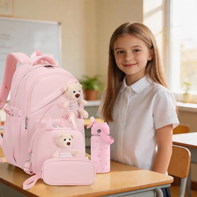 ACESAK Backpack for Girls with Insulated Water Bottle - 4 PCS Cute Girls Backpack with Lunch Box, Pencil Case & Kids Cup Set - 14oz Kids Water Bottle with Straw Set Back to School Supplies (Pink)