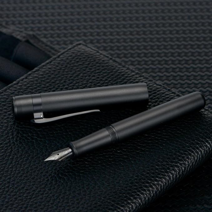 HONG DIAN M2 Black Forest Mini Fountain Pen, Fine Soft Nib & Sleek Shape Aluminium Short Pocket Travel Pen (Matte Black)