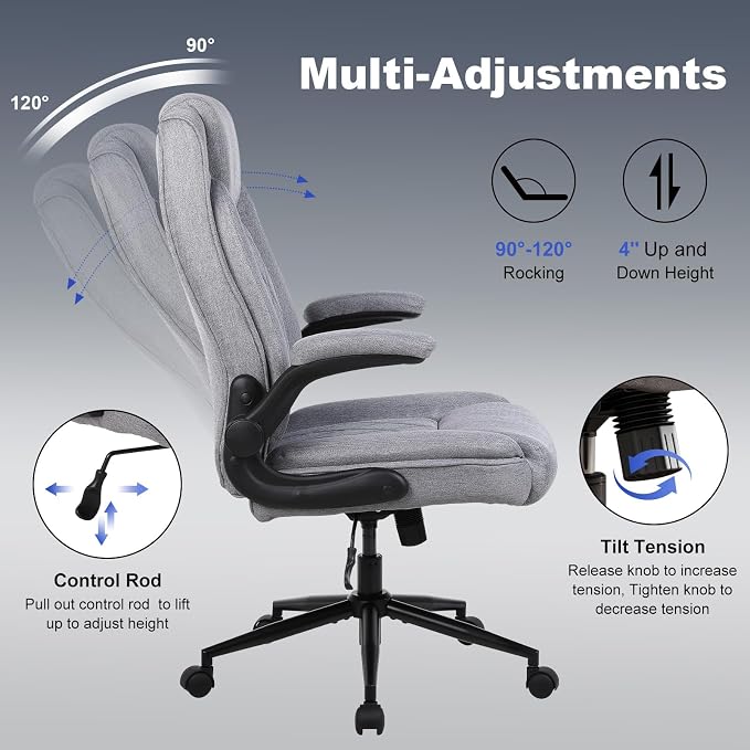ralex-chair Big and Tall Office Chair -500 lb Office Chair for Big Man, Fabric High Back Office Desk Chair with 120° Tilt Rock,Computer Desk Chair with flip up arm - Light Gray