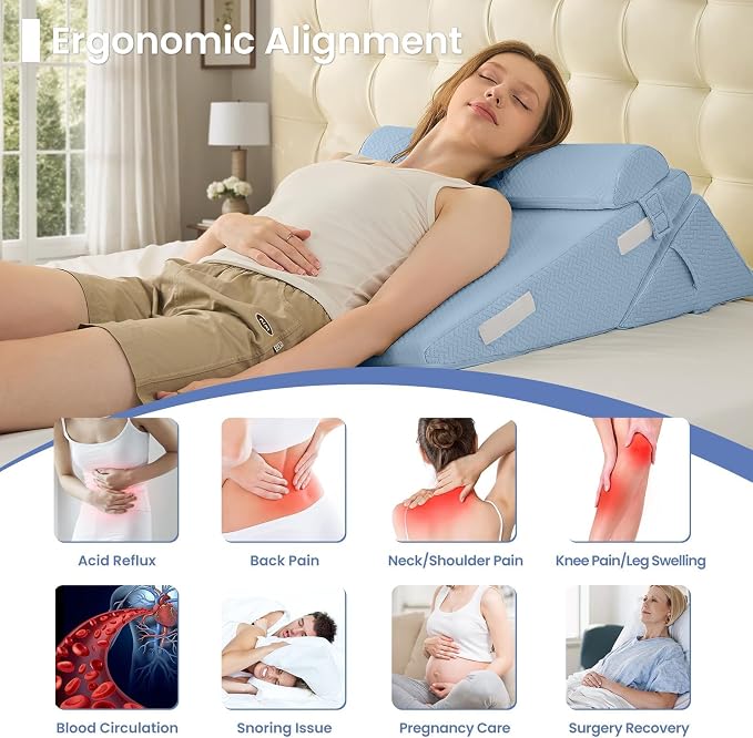 Sasttie Adjustable Wedge Pillow Set for After Surgery, Blue | Bed Wedge Pillow Headboard with Memory Foam Neck Cushion, for Acid Reflux, Sleeping, Neck & Back Support