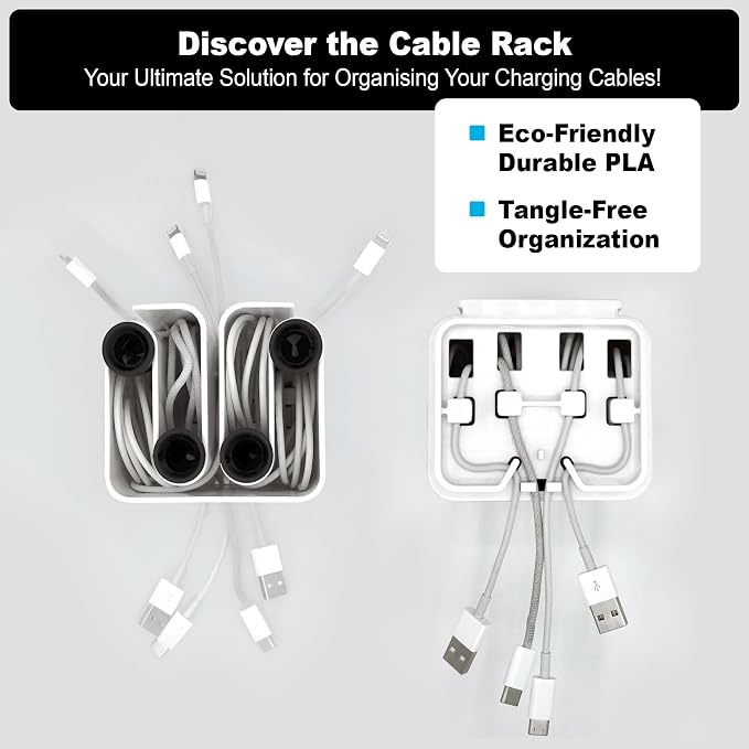 Cable Organizer with Multiple Compartments, Secure Cable Ends, Prevent Tangling, Tidy Workspace, Charging Solution, Desk Organizer Cord Management, White Plastic