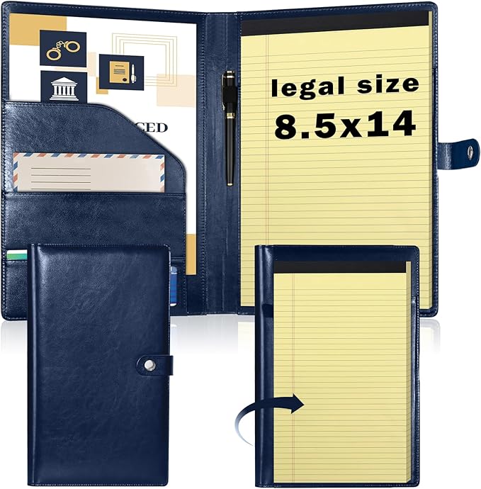 1Pack Legal Size Portfolio Padfolio PU Leather with 8.5 x 14 inch Tearable Legal Pad Holder 50 Sheets Leather Portfolio Folder Binder for Interview Attorneys Business Blue
