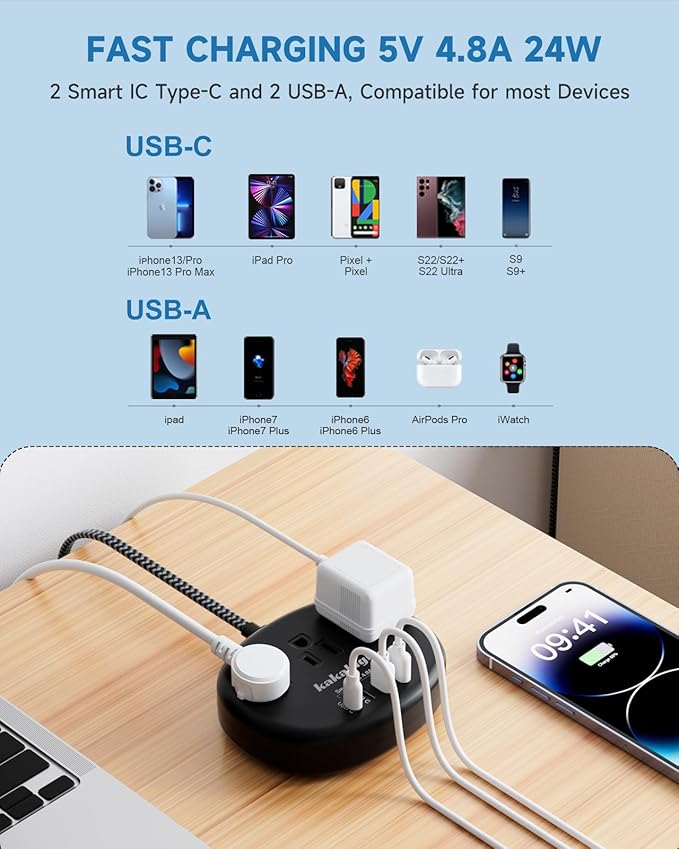 Short Extension Cord Black - Extension Cord 5 Feet, 1625W Power Strip 3 Prong with 3 AC Outlet 4 USB (24W/4.8A), Bedside Charging Station for Home, Office and Dorm