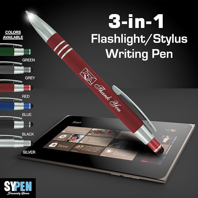 Personalized Pen Gift Set, 2 Rubberized Metal Luxury Ballpoint Pens +Night Writer LED Flashlight +Stylus +Gift Box, Custom Engraved Name,logo,or text Blue/Green