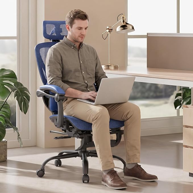 MALOL Ergonomic Mesh Office Chair with Footrest, Executive High Back Computer Desk Chair with 3D Adjustable Headrest & 5-Level Lumbar Support, Track Armrest, Tilt Lock, 300LBS, Blue