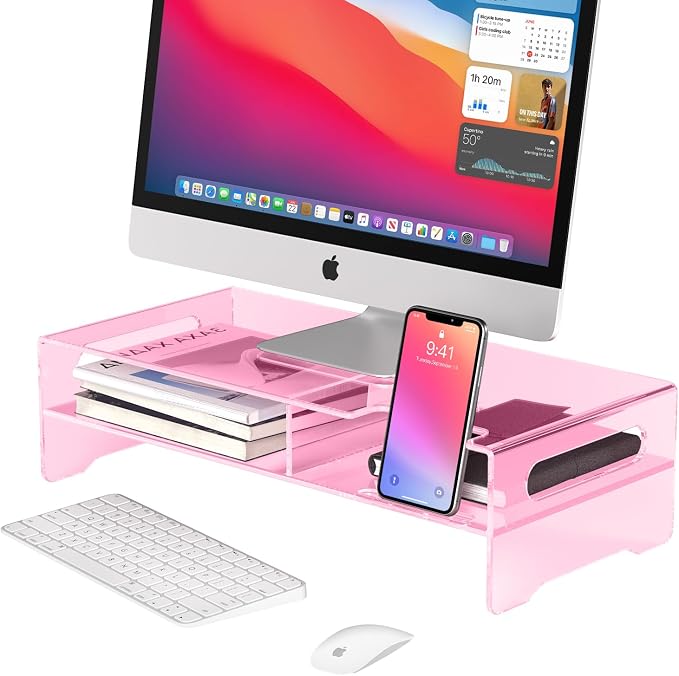 Pink Acrylic Monitor Riser, 2-Tier Desk Computer Stand With Storage & Phone Holder | Clear Computer Monitor Stand for Desk,Handheld Function Easy Mobility,16 in Wide for Laptop, Printer,Screen,Desktop Organizer