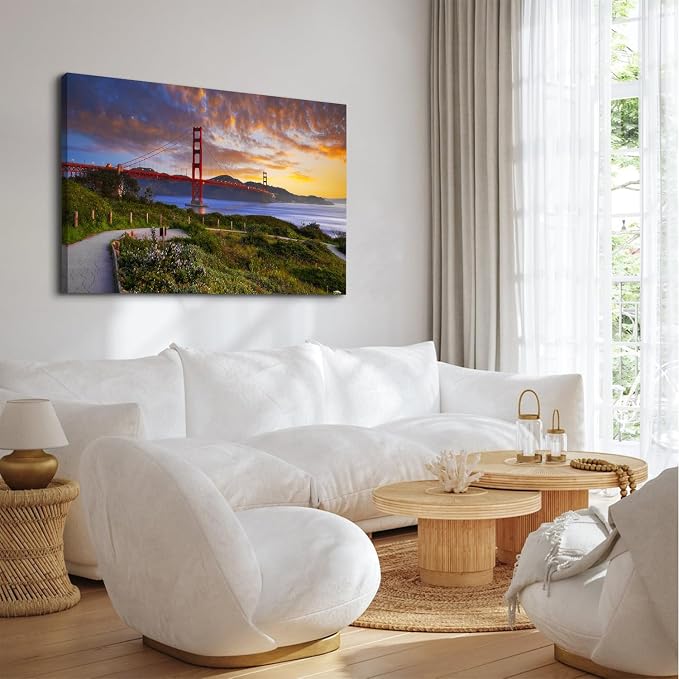 Large Red Golden Gate Bridge Picture Wall Art San Francisco City Landmark Building Photography Wall Decor Nature Mountain Sunset Skyline Paintings Canvas Prints Artwork for Home Decoration 32x48"