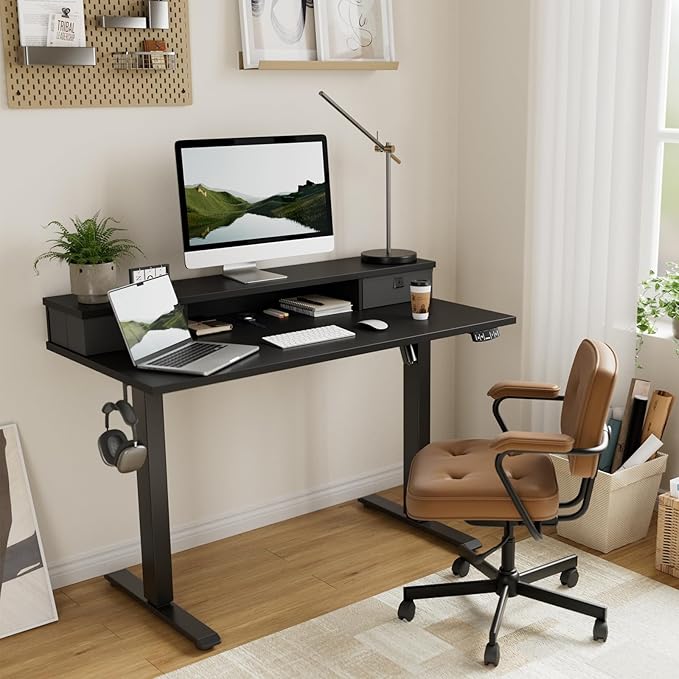 Agilestic 63 x 24 Inches Height Adjustable Electric Standing Desk with 2 Drawers, Stand Up Electric Desk Adjustable Height, Sit Stand Computer Gaming Table with Splice Board, Black