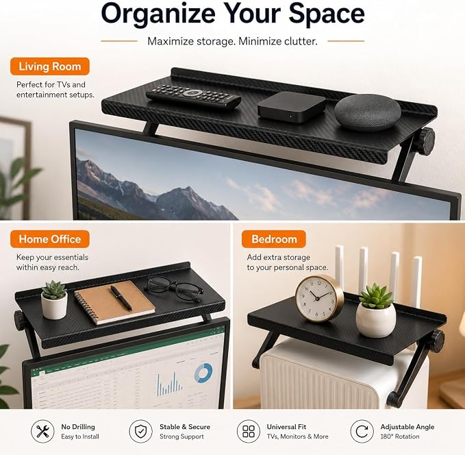 Adjustable TV Screen Top Shelf, 1 Pack Monitor Top Storage Rack for Computer Screen, Router, Media Box, Speaker, Remote Control and Home Office Organizer (10.25 * 4.33 in)