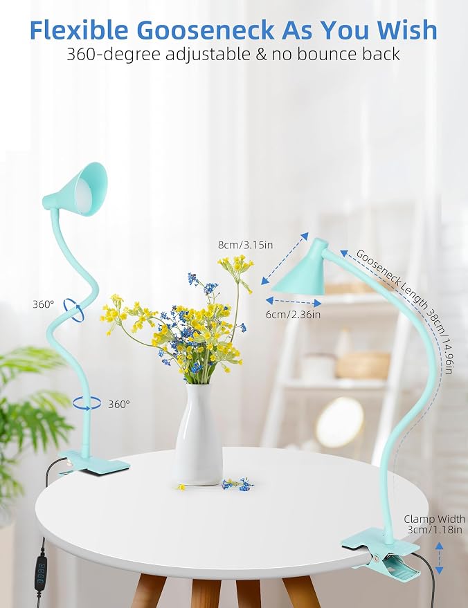 LiFMIRA Reading Light for Bed, Clip-on Desk Lamp with Flexible Neck, 3 Color Modes & 10 Dimmable Brightness, Teal