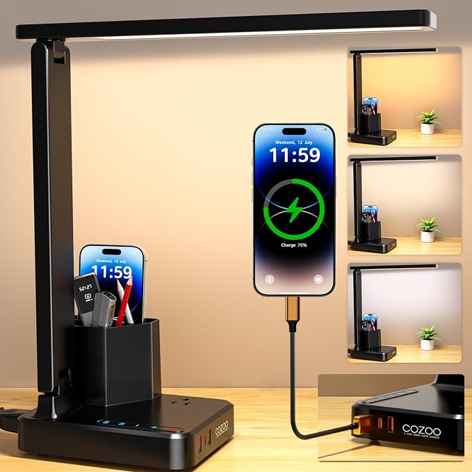 cozoo LED Desk Lamp for Dorm with USB Charging Ports and AC Outlets, Modern Dimmable Eye Cariing Desk Light for Home Office with Pen Holder, Kids Small Table Lamp for Reading, Bedroom, Study, Craft