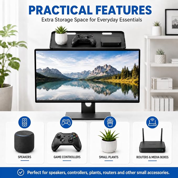 QAQMILI TV Top Shelf, Adjustable Computer Monitor Shelf, Screen Top Speaker Mount Storage Bracket for WiFi Router, Media Box, Game Console, Remote Controls, Cable Box, Cell Phone, Plants