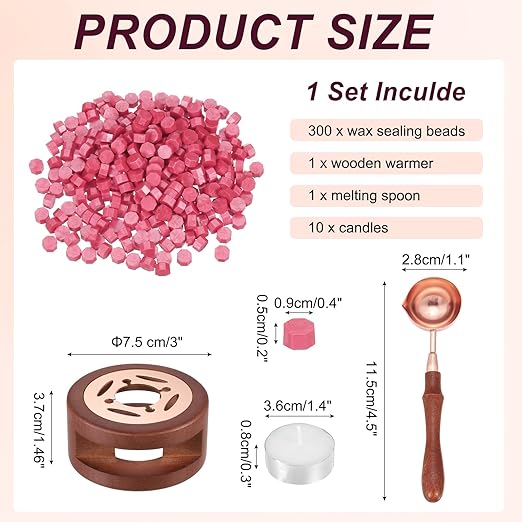 PATIKIL Wax Seal Kit, 300 Pcs Wax Sealing Beads, Wooden Warmer, Melted Spoon, 10 Pcs Tealight Candles for Envelope Letter Mailing Crafts DIY, Rouge Pink