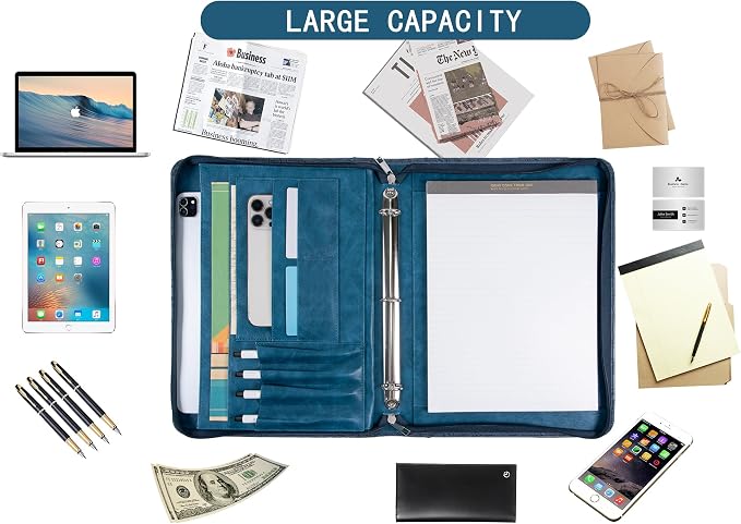 AZXCG Embossed Padfolio for Women,Zippered Padfolio with 3 Ring Binder,Business Portfolio Organizer for Women with A4 Writing Pad Holder, Professional Leather Portfolio Binder for Meeting