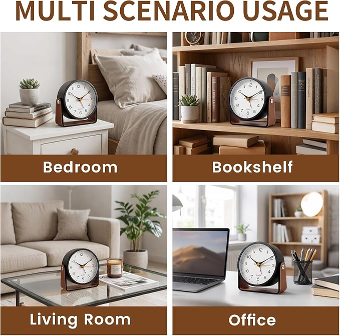 Analog Alarm Clock - 4.5" Silent Non Ticking Small Clock with Light, Rotatable Stand Metal Desk Clock Battery Operated, Simple Design for Living Room Decor/ Bedroom/Bedside/Shelf (Black & Brown)