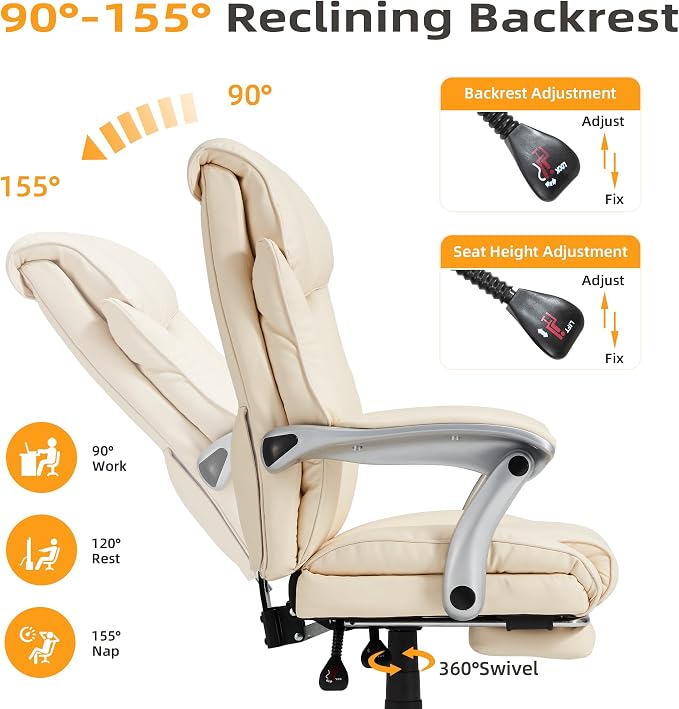 HOMREST Big and Tall Heavy Duty Office Chair 550LBS, Ergonomic Leather Executive Chair with 155° Recline, Large Back Pocket &Footrest, Computer Desk Chair for Heavy People, Beige