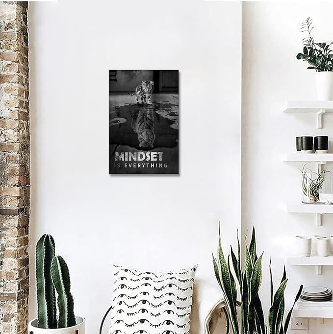 YIOZHAOFH Inspirational Canvas Prints Cat Tiger Wall Art Mindset Pictures Motivational Quotes Animal Poster for Office Decor Framed Ready to Hang 28x44inches