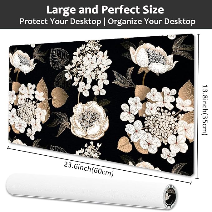 Large Desk Mat, Dual Side PU Leather Waterproof Mousepad Desk Pad, Desk Protector Writing Pads Desk Accessories for Office and Home (C-Black Gold Flower, 24''X14'')