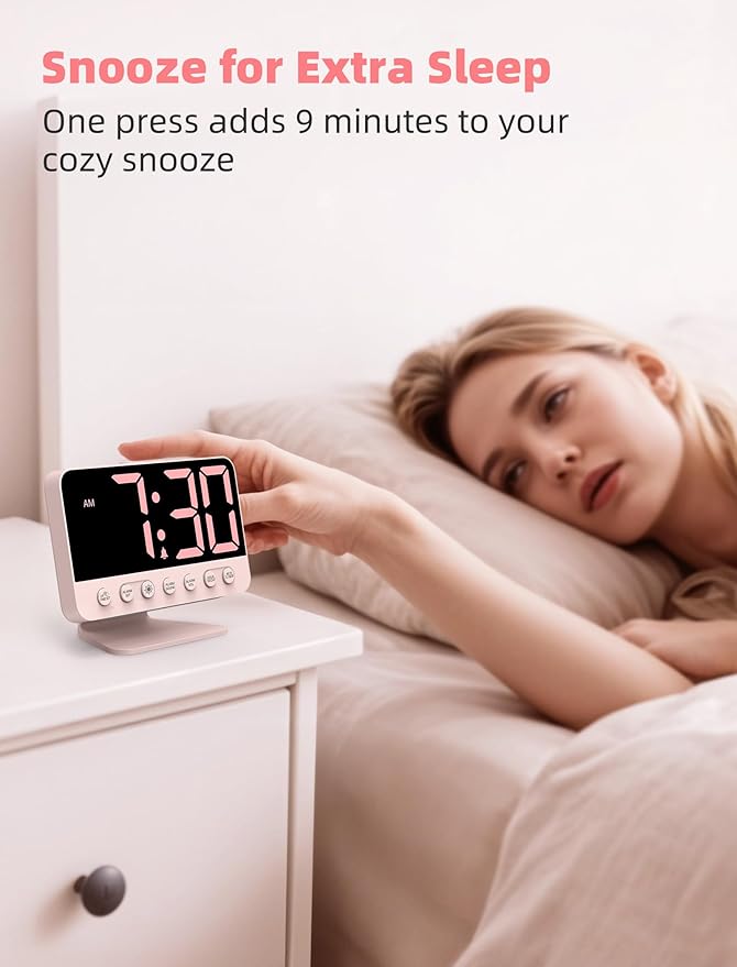 Odokee Digital Alarm Clocks for Bedrooms with Large Bold Number | Pink Alarm Clock with 8 Night Lights & Dimmable Display - Cute Alarm Clock with 5 Sounds for Girls Teens Kids - Sakura Pink