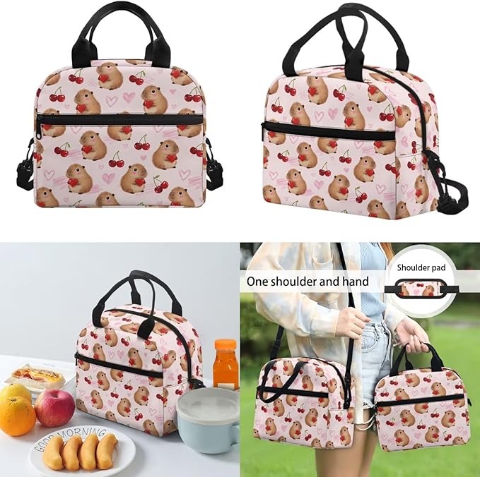 Capybara Cherry Backpack for Teen Girls Primary School Bookbags 3 Piece Set Back to School Supplies Kids Schoolbags with Lunch Bag and Pencil Box