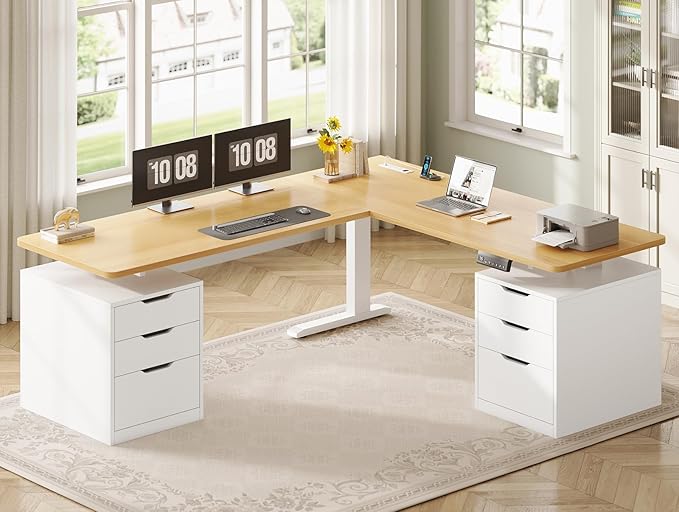 SEDETA L Shaped Electric Standing Desk with 6 Drawers, 66.9" x 57.1" Height Adjustable Stand Up Desk with Power Outlets, 3 Memory Heights, Sit Stand Computer Desk for Home Office, White + Oak