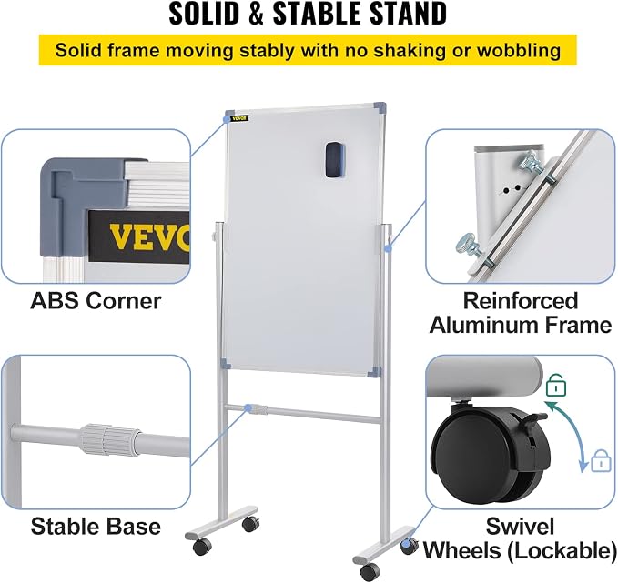 VEVOR Mobile Magnetic Whiteboard, 36 x 24 Inch, Double Sided, 360 Degree Reversible Rolling Dry Erase Board, Height Adjustable with Aluminum Frame and Lockable Swivel Wheels, for Office School Home
