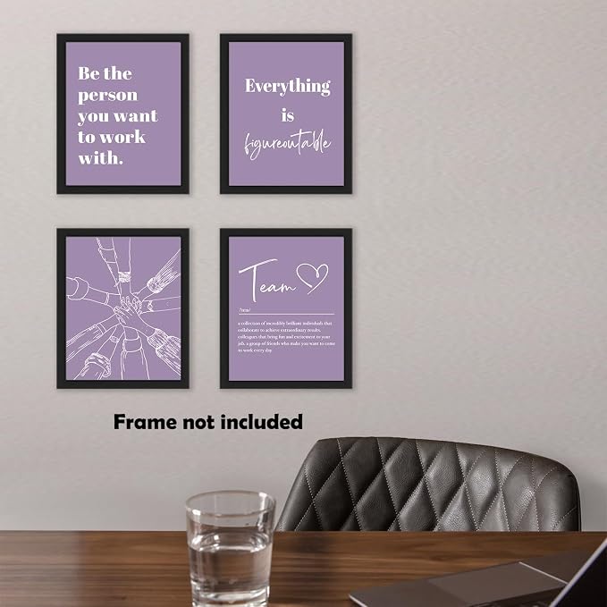 XWELLDAN Be The Person You Want to Work With Team Work Wall Art Decor, Inspirational Motivational Wall Decor for Office, Office Artwork Wall Decor, 8x10 Unframed Set of 4(purple)