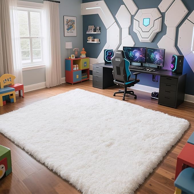 yongyangjuxin Fluffy Rug Shag Area Rug, White 9x12 Area Rugs for Living Room, Large Shag Area Rugs for Bedroom Room Home Decor, Upgrade Anti-Skid Rectangular Fuzzy Rugs