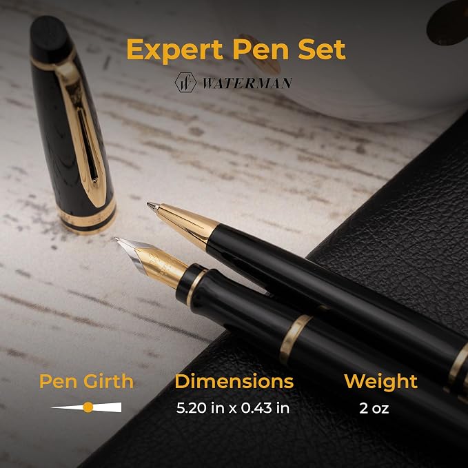 Waterman Expert Engraved Fountain and Ballpoint Pen Set, Black Lacquer with 23K Gold Trim, Mysterious Blue and Black Ink, Gift for Retirement, Board Members, Senior Partners, Career Advancement