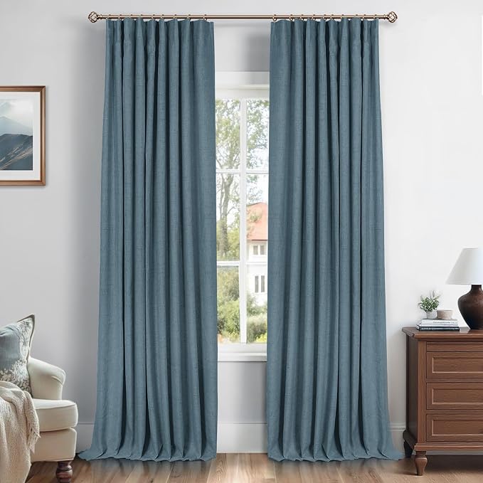 INOVADAY 100% Blackout Curtains for Bedroom, Black Out Curtains 90 Inch Long, Clip Rings Linen Blackout Drapes, Thermal Insulated Room Darkening for Living Room, 2 Panels - Stone Blue, W50xL90