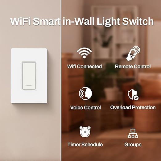BN-LINK WiFi Smart in-Wall Light Switch, No Hub Required with Timer Function, White, Compatible with Alexa and Google Assistant, Neutral Wire Needed, 2.4 Ghz Network Only