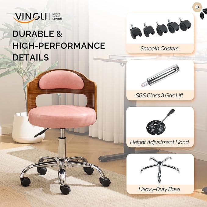 VINGLI Armless Home Office Desk Chair, Adjustable Swivel Chair,Dual-Use with/no Wheels,Small Retro Designed Walnut Curved Task Chair,Cushioned Nail Tech Chair for Study Area,Workspace,PU,Pink