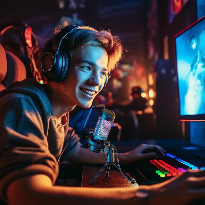 TONOR Gaming Microphone Set, USB Condenser Mic for PC with Stand, Controllable RGB, Quick Mute, Volume Control, for Twitch Streaming, Discord Chatting, 200 cm/78inch Cable, Desktop Stand TC310