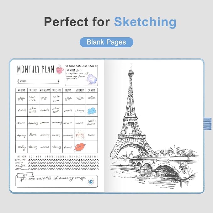 AHGXG Blank Journal Notebook, 160 Pages, A5 Medium Size (5.7'' x 8.3''), 120 GSM Thick Paper, Leather Hardcover, for Sketching, Drawing, Painting (Light Blue)