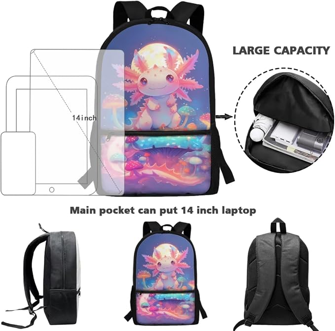 WELLFLYHOM Axolotl Kids Girls Backpack Set 6-8 4Pcs with Lunch Box Pencil Case Water Bottle Sleeve Moon Mushroom Elementary School Daypack Back to School Season Supplies Purple